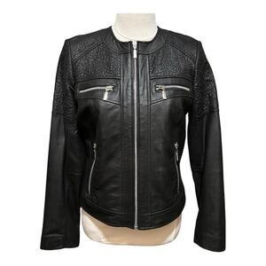 Women's Bernardo Black 100% Leather Jacket with Zippers Embroidered NWT Small